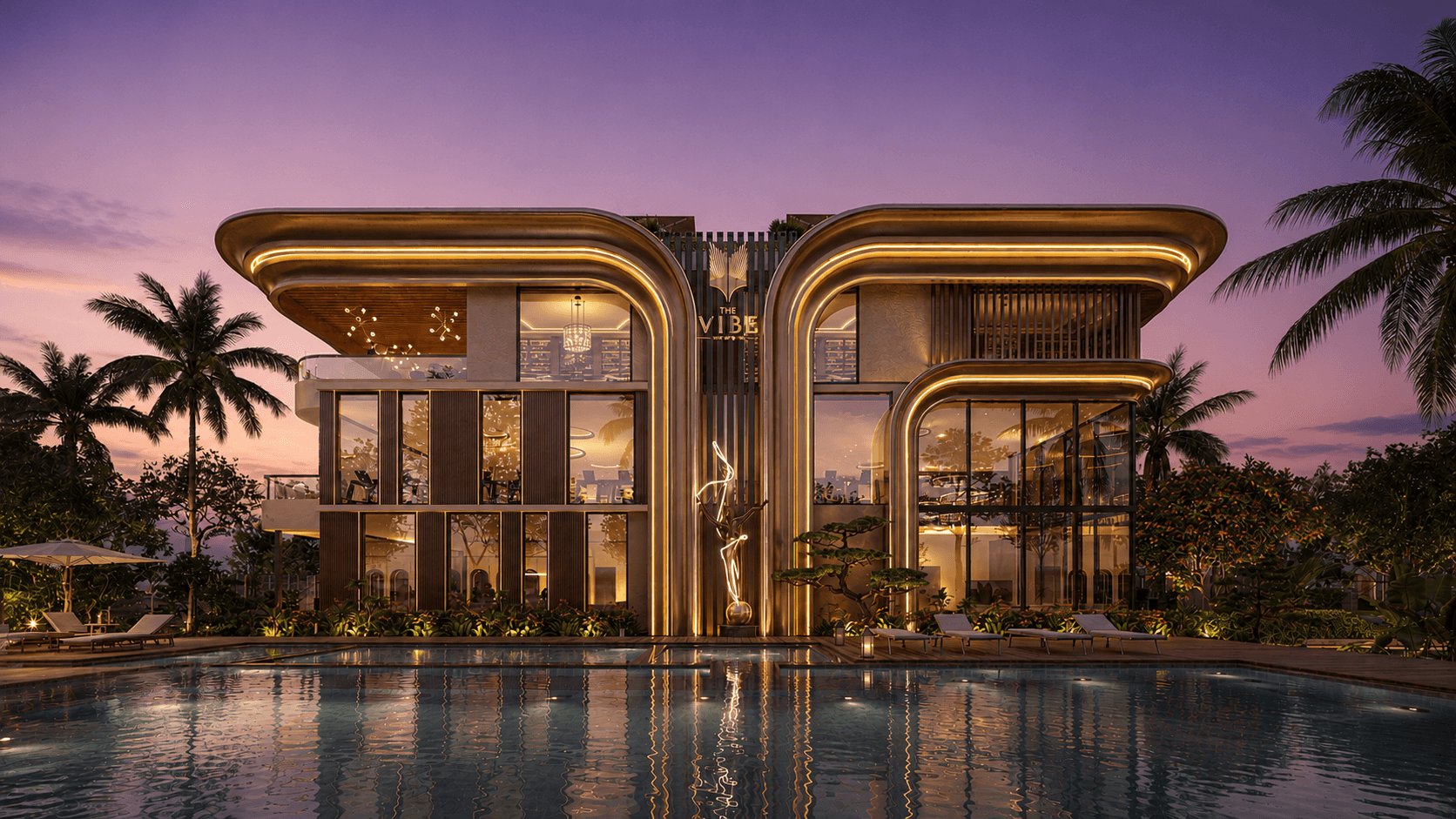 Illuminated resort villa exterior rendered at dusk, poolside view