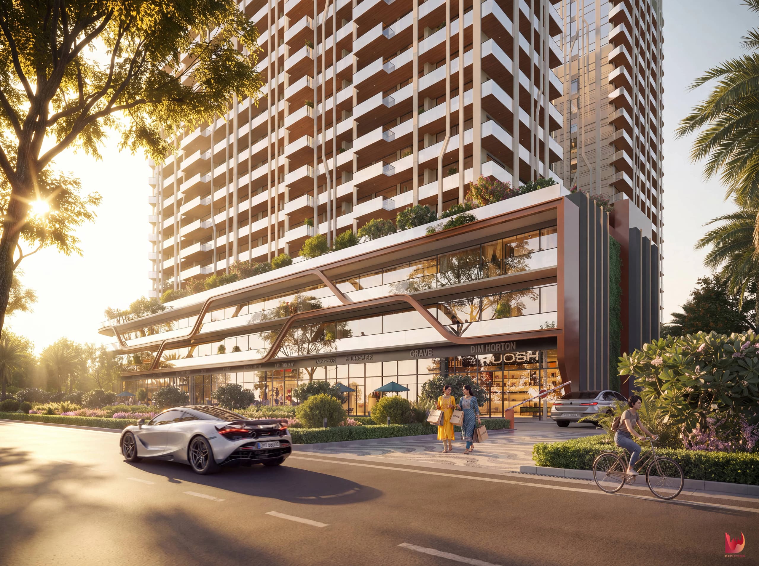 The Marq by Atlantis tower above a glazed commercial podium lined with palm trees