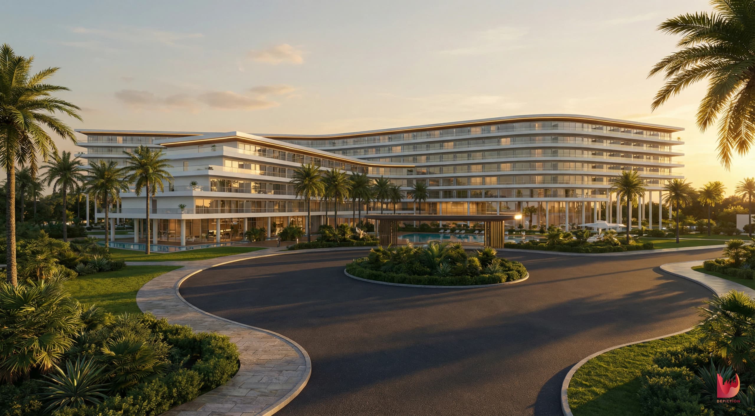 Vanyam hotel with sweeping horizontal balconies and a curved arrival drive at sunset