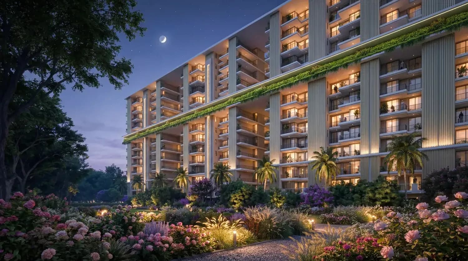 Atlantis Heights garden and residential facade with a coordinated palette of warm evening light and planting