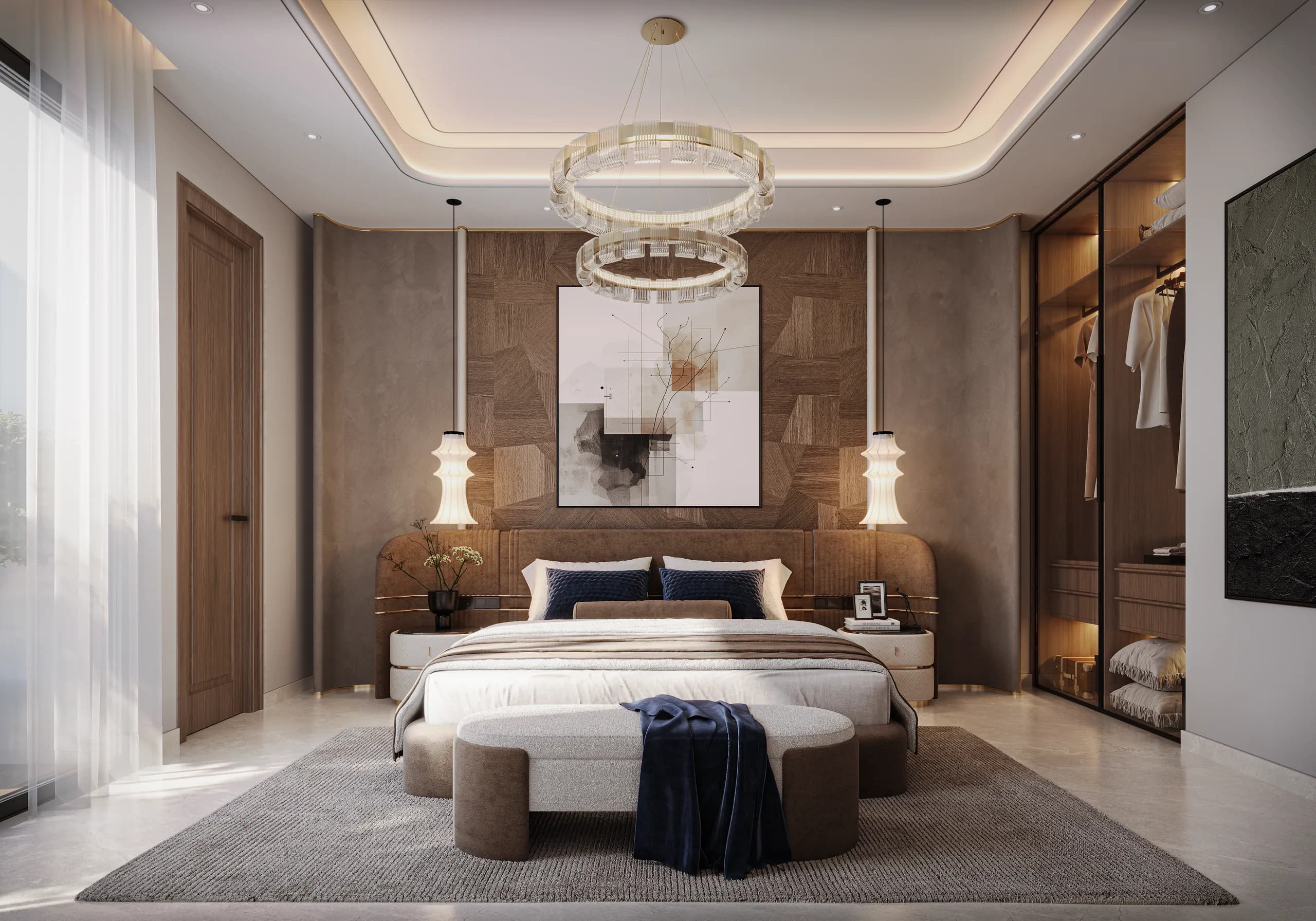 Grandeur Homes bedroom with layered lighting, marble details and carefully composed furnishings