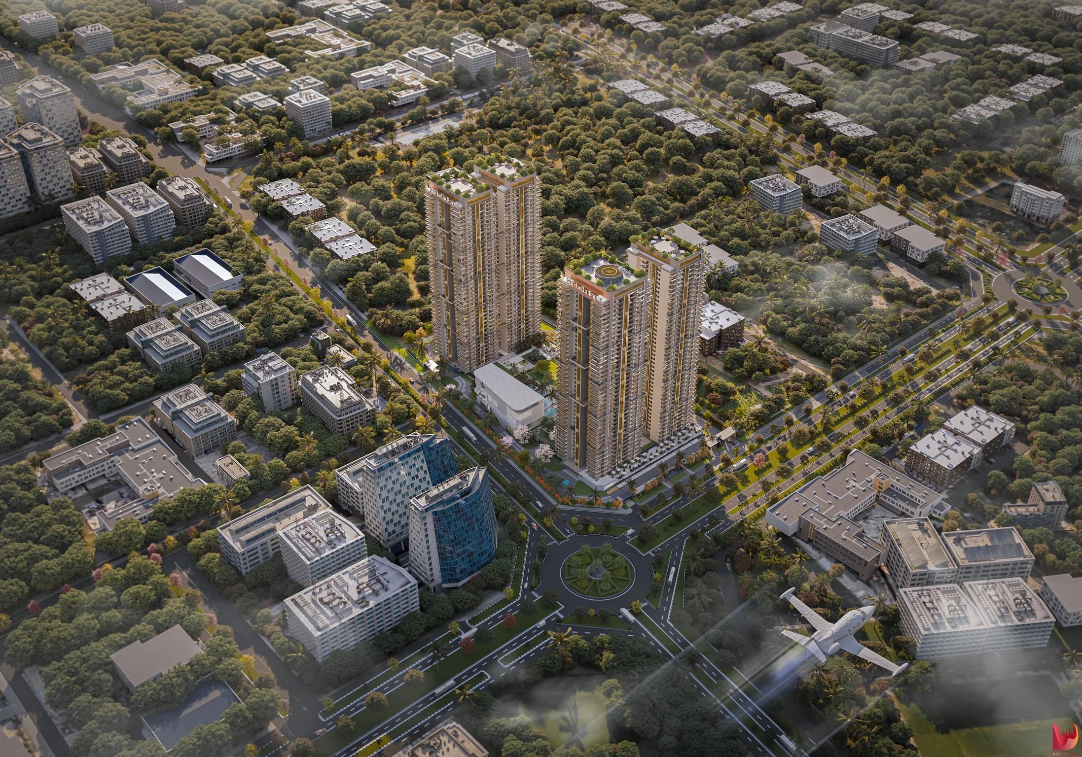 Daylight aerial view of Marbella Royce towers showing the surrounding streets and urban context