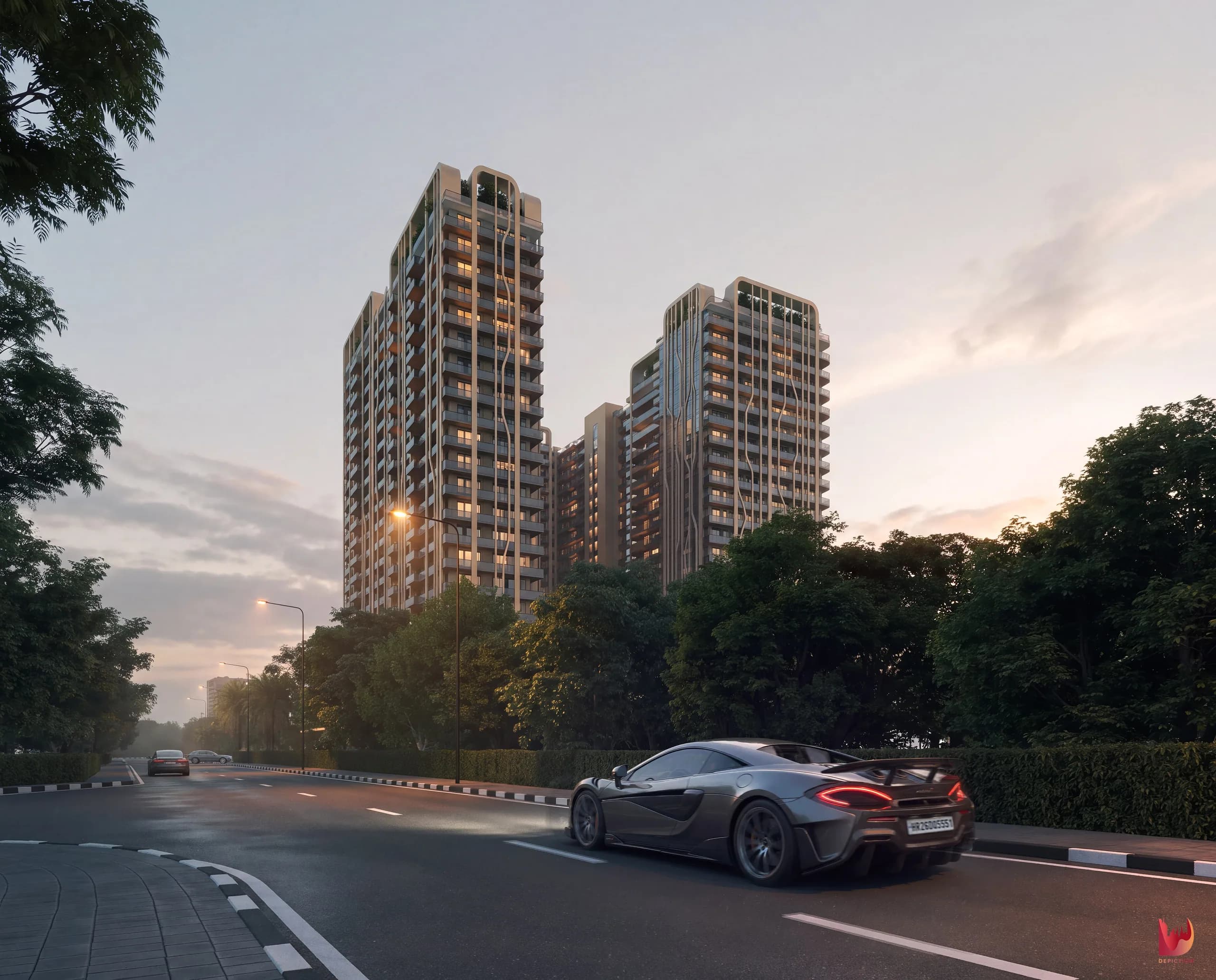 Cinematic dusk visualization of The Marq residential towers above a tree-lined street